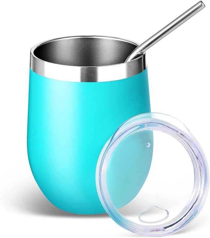 Volhoply 12oz Stainless Steel Wine Tumbler with Lid and Straw,Double Wall Vacuum Insulated Stemless Wine Glasses,Reusable Travel Coffee Mug for Cold Drinks,Small Tumblers Gifts for Women（Green,1 Set）