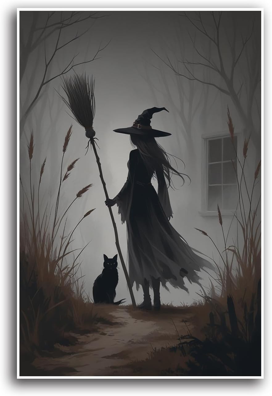 JFHCQJPK Vintage forest witch and black cat poster Halloween mural poster decoration mural art magic suitable for home living room bedroom12x16in Frameless