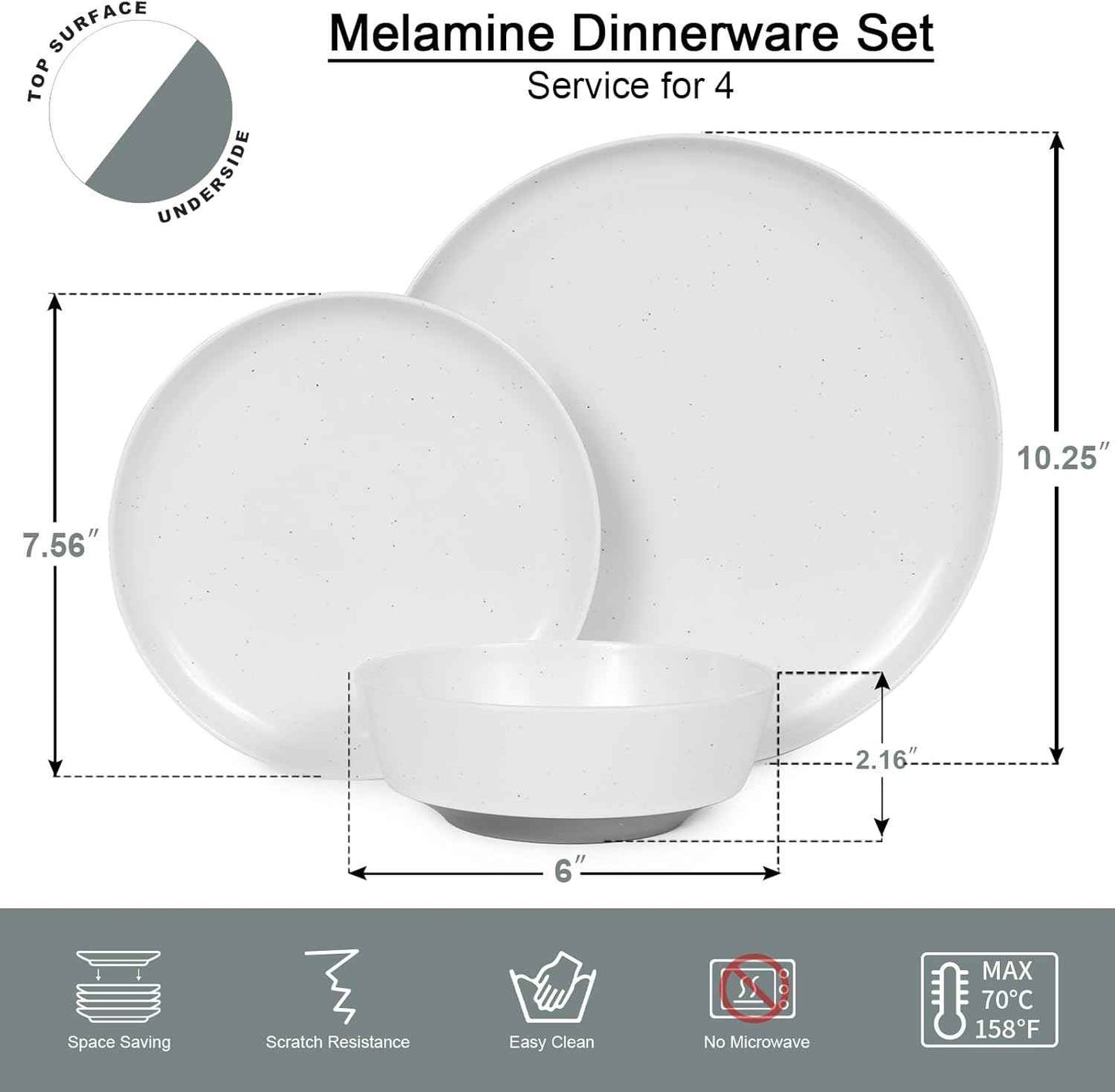 Webbylee 12-Piece Melamine Dinnerware Set for 4 – Unbreakable Plates & Bowls, Lightweight, Two-Tone White & Grey, Ideal for Family Meals, Camping, Picnic, Parties