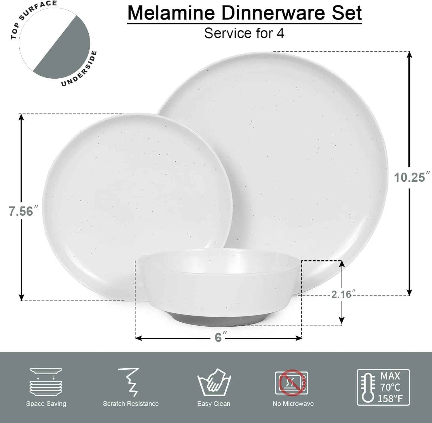 Webbylee 12-Piece Melamine Dinnerware Set for 4 – Unbreakable Plates & Bowls, Lightweight, Two-Tone White & Grey, Ideal for Family Meals, Camping, Picnic, Parties
