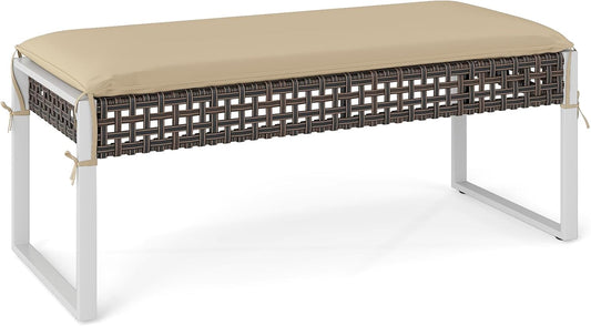 Tangkulka Outdoor Ottoman, Patio Rattan Heavy Duty Wicker Footrest with Soft Cushion & Metal Frame, Extra Seating, for Porch, Backyard, Lawn and Poolside (1)