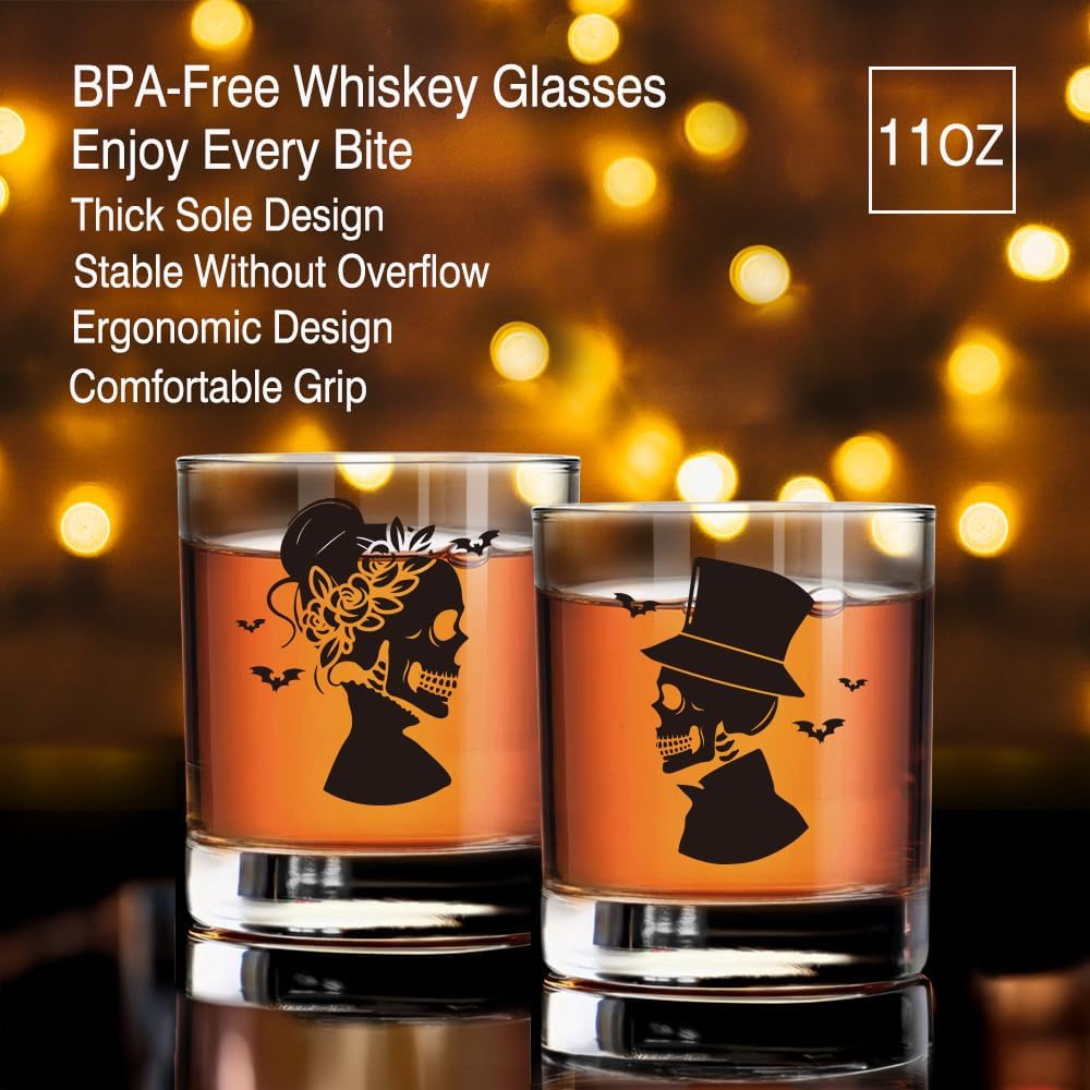 Perfectinsoy Skull Whiskey Glass 2 Piece with Metal Card, Couple Skull Gothic Design, Anniversary Wedding Gifts, Couple Gift for Boyfriend and Girlfriend, Valentine's Day Fall Halloween