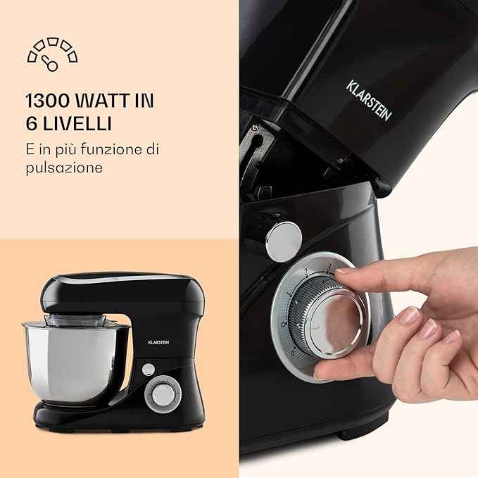 Klarstein Bella Pico 2G Kitchen Maker Food Processor Mixer with Kneading, 6 Power Levels with Pulse Function, Planetary Stirring System, 5L Stainless Steel Bowl, 3-Piece, 1300 W / 1.7 PS, Black