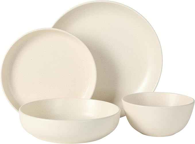 Gibson Elite Leeds Court Plates and Bowls Sets, 16-Piece Stoneware Dinnerware Sets, Cream White, Round Speckle Reactive Glaze Dish Set