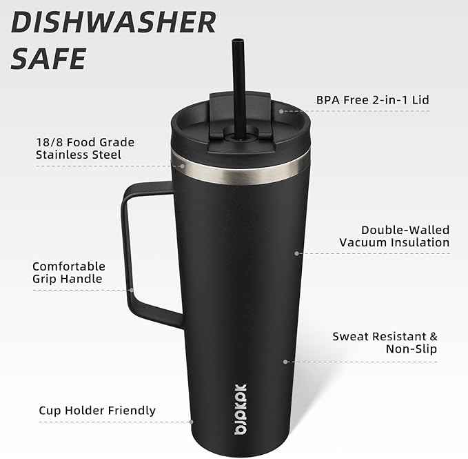 BJPKPK Insulated Tumbler with Handle, 26oz Insulated Tumblers with Lid and Straw, Stainless Steel Metal Water Bottles, Coffee Travel Mugs, Cups, Black