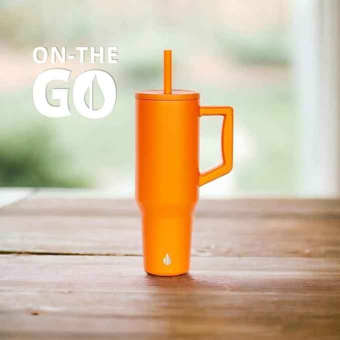 Elemental 40 oz Tumbler with Handle and Straw - Spill Proof Insulated Stainless Steel Commuter for Cold Beverages - Travel Coffee Mug with 2 Straws & Spill Proof Lid - 40oz - Orange