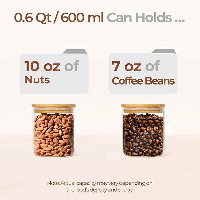 ComSaf Airtight Glass Food Storage Jars Set of 6, 0.6 Qt Clear Glass Food Storage Container with Sealing Wooden Lid, Stackable Spice Jar, Round Kitchen Canister for Sugar, Tea, Coffee bean, Pasta, Oat
