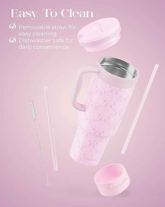40 oz Insulated Tumbler with Handle and Push-Button Straw Lid, Stainless Steel Travel Cup for Gym Office, Leakproof, BPA-Free, Cup Holder Friendly, Bow Silicone Boot, Purple (Tulip Lilac)