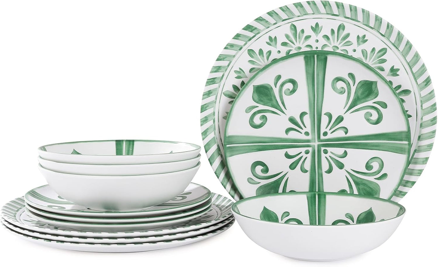 Melamine Dinnerware Sets, Dinnerware Sets for 4, 12Pcs Plates and Bowls Sets, Green Floral Embossed Design Dish Set for Indoor and Outdoor Use