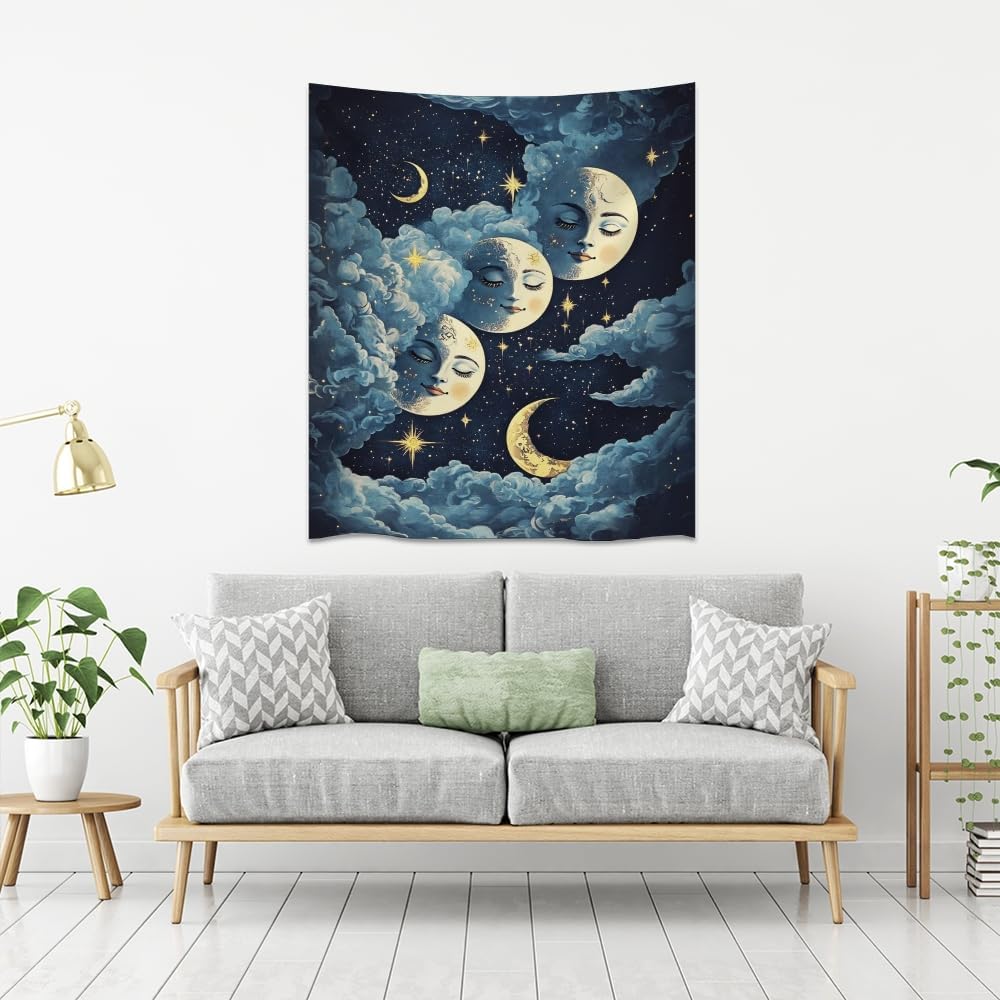 Blue Moon Faces Tapestry Celestial Wall Art Dark Academia Aesthetic Print Stars Clouds Tapestries Wall Hanging whimsical Gothic Home Decor for Bedroom Living Room 50x60inch