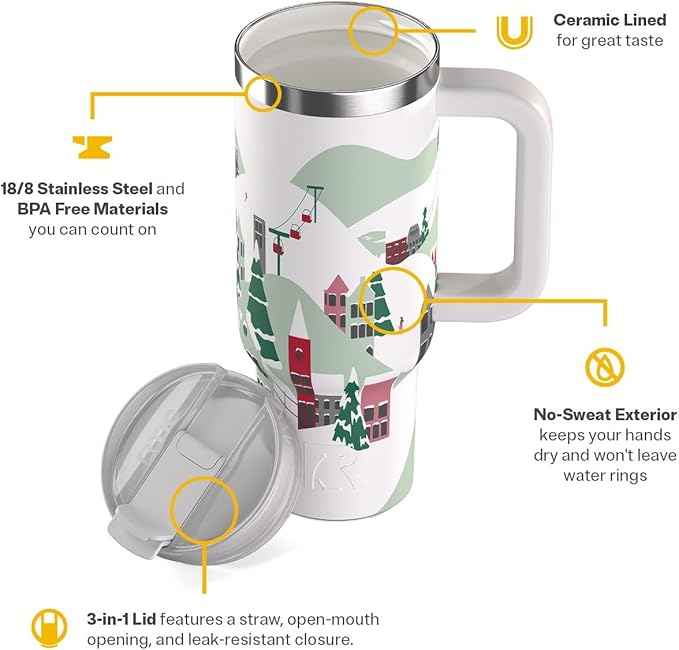 RTIC 30 oz Road Trip Tumbler Double-Walled Ceramic Lined InsulatedStainless Steel Portable Travel Coffee Mug Cup with Lid, Handle and Straw, Apres Ski