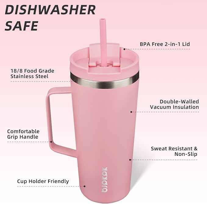 BJPKPK Insulated Tumbler with Handle, 22oz Insulated Tumblers with Lid and Straw, Stainless Steel Metal Water Bottles, Coffee Travel Mugs, Cups, Light Pink