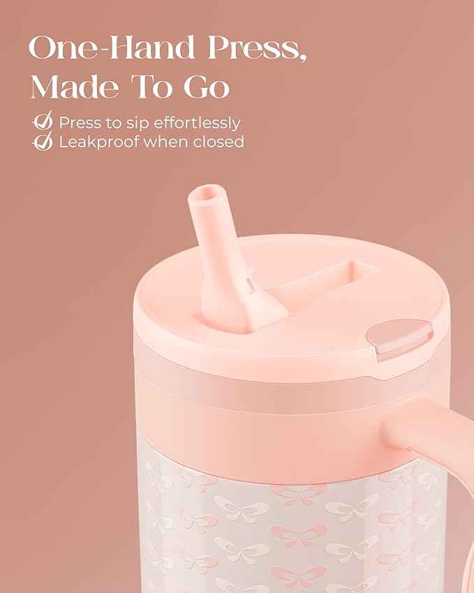 40 oz Insulated Tumbler with Handle and Push-Button Straw Lid, Stainless Steel Travel Cup for Gym Office, Leakproof, BPA-Free, Cup Holder Friendly, Bow Silicone Boot, Cream (Coquette Peachy)