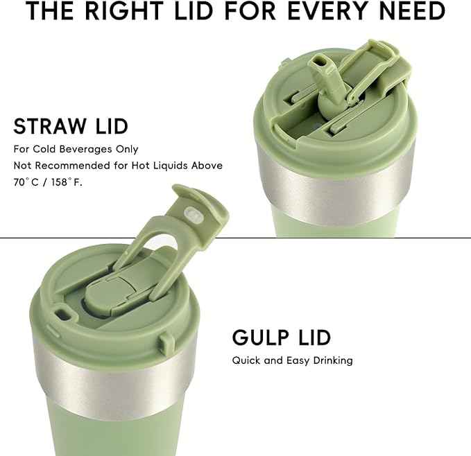 Insulated Coffee Mug, 17oz Stainless Steel Travel Mug with Flip-Top Straw Lid, Leak Proof Vacuum Insulated Tumbler, Reusable Coffee Cup for Hot & Cold Drinks, Avocado Green