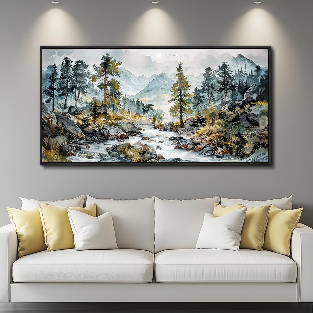 PHAOHUAXM Large Wall Art For Bedroom Wall Decor For Living Room Office Decoration Rivulet View Painting Forest Tree Landscape Watercolour Pictures Canvas Artworks Home Decor Black Framed 24x48 In