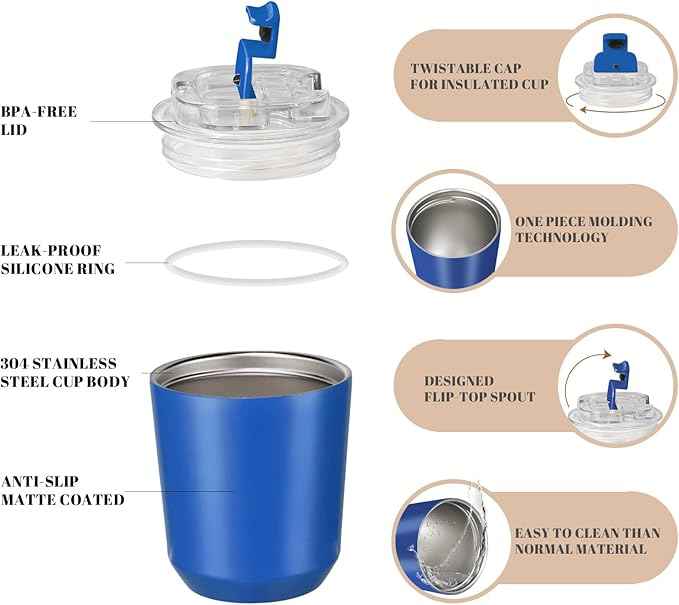Puraville 2 Pack Insulated Tumblers with Lid, 10 oz Travel Coffee Mug Stainless Steel Vacuum Cup, Leak Proof Double Walled Coffee Tumbler for Iced and Hot Drinks, Klein Blue and Red
