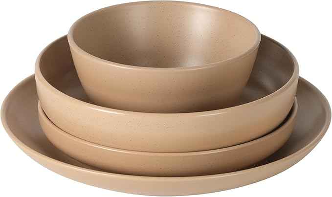 Gibson Elite Leeds Court Plates and Bowls Sets, 16-Piece Stoneware Dinnerware Sets, Terracotta, Round Speckle Reactive Glaze Dish Set