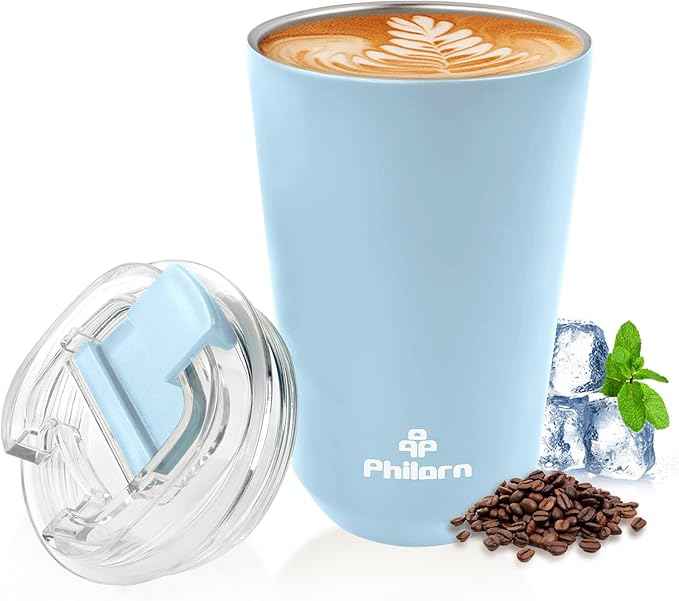 PHILORN Travel Coffee Mug 12 OZ Tumbler, Insulated Coffee Mug with Lid, Coffee Thermos for Hot & Cold Drinks, Leak Proof Coffee Tumbler with Double Wall (LIGHT BLUE)