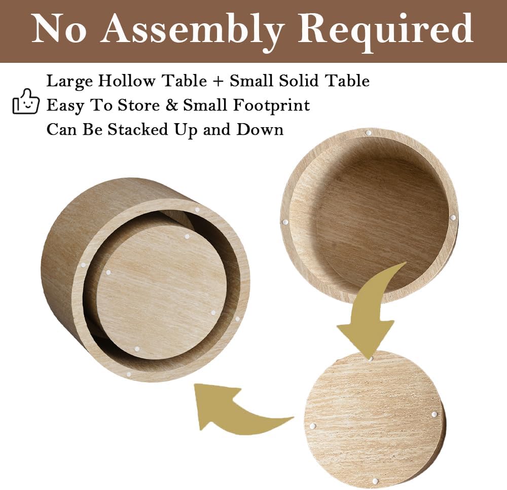 Round Nesting Coffee Table Set of 2 Modern Round Fluted Coffee Table Small Circle Coffee Tables Circular Side Table End Table Nested Coffee Tables for Living Room (Travertine 26in)