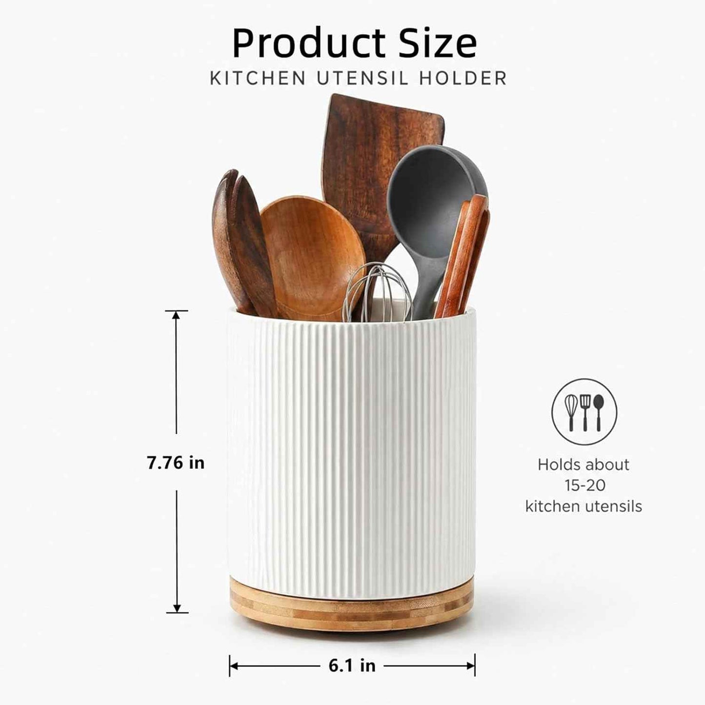 360° Rotating Utensil Holder for Kitchen Countertop, 7.76" Kitchen Utensil Holder, Rotating Utensil Crock, Extra Large Ceramic Utensil Holder for Kitchen (White)