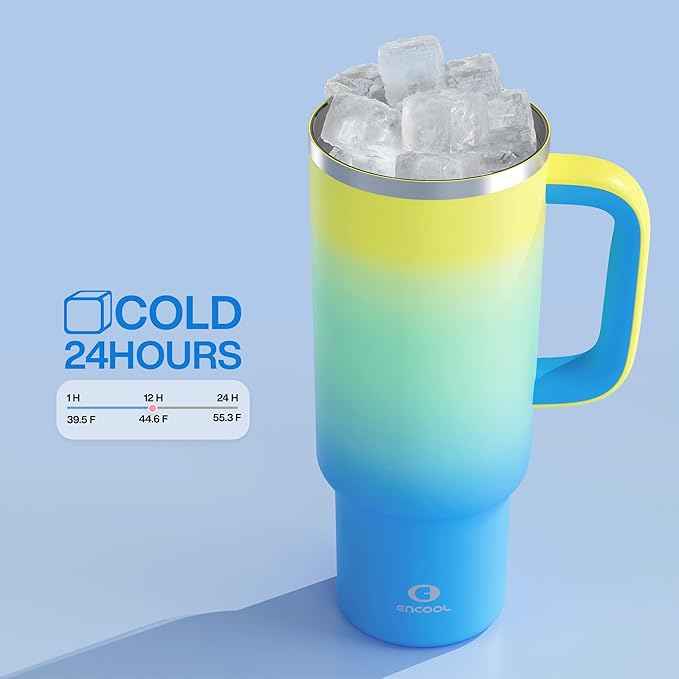 ENCOOL 40 oz Tumbler with Handle and Straw: Stainless Steel Insulated Tumbler Keeps Cold for 24 Hours, Leakproof Travel Cup Fits in Cup Holder and BPA-Free, Soft Lagoon