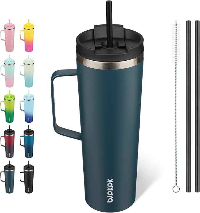 BJPKPK Insulated Tumbler with Handle, 30oz Insulated Tumblers with Lid and Straw, Stainless Steel Metal Water Bottles, Coffee Travel Mugs, Cups, Navy Blue