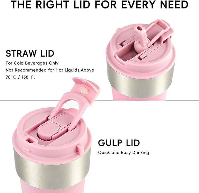 Insulated Coffee Mug, 17oz Stainless Steel Travel Mug with Flip-Top Straw Lid, Leak Proof Vacuum Insulated Tumbler, Reusable Coffee Cup for Hot & Cold Drinks, Pink