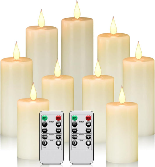 Flameless Battery Operated LED Candles 3D Wick with10 Key Button Remote Control 24-Hour Timer Set of 9 Electric Flickering Pillar Real Wax ApplyTo Party, Wedding,Dinner， Home Decoration