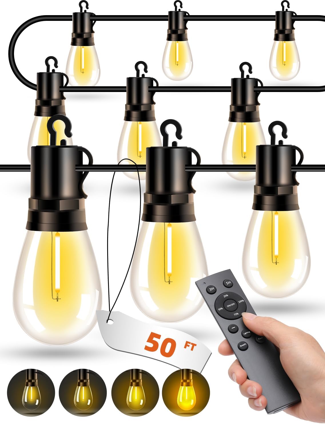 Outdoor Patio String Lights: S14 Shatterproof Bulb Outside Waterproof Light - 50Ft 15M Remote Dimmable Connectable Hanging Outdoor Electric Lighting - Garden Backyard Yard Gazebo Porch Party