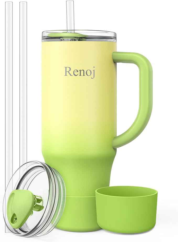 Renoj Insulated Mug 100% Spill Resistant Insulated Water Bottle for Iced Coffee & Hot Drinks - Fits Car Cup Holder, Ideal Gift, 2 Straws & Silicone Boot - FlexSlide Green Gradient 32 oz