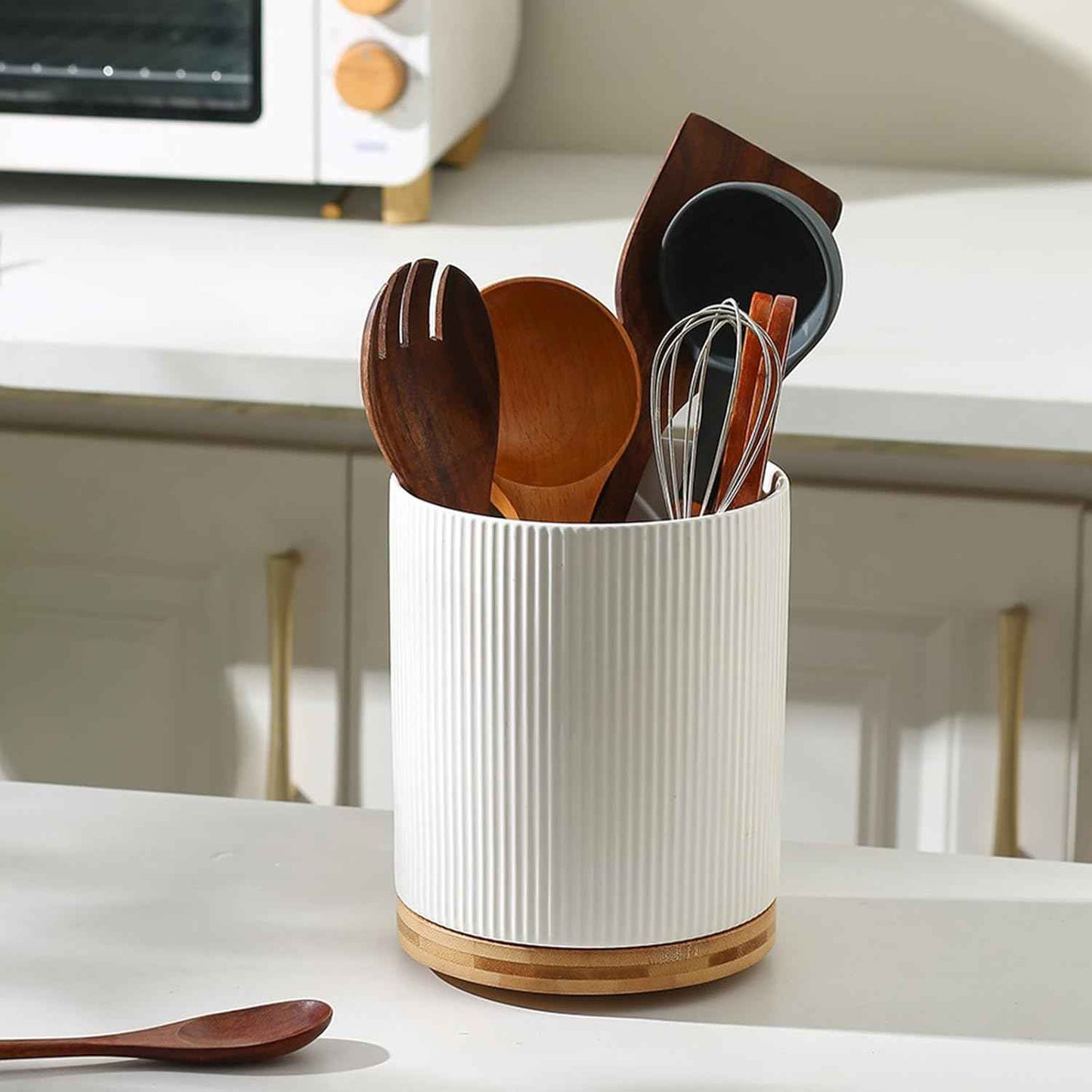 360° Rotating Utensil Holder for Kitchen Countertop, 7.76" Kitchen Utensil Holder, Rotating Utensil Crock, Extra Large Ceramic Utensil Holder for Kitchen (White)