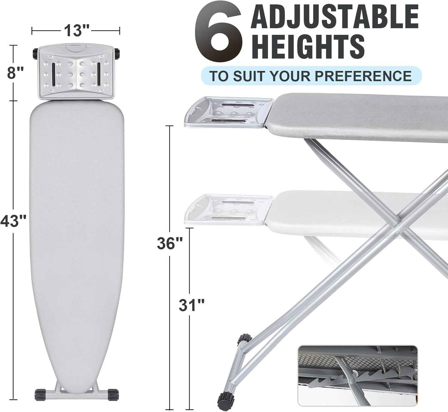 oleaf Ironing Board with Cover and Thicken Pad Height Adjustable Full Size Foldable Iron Board with Iron Rest, Stable Steel Legs, Metal Construction, Heat Resistant, Silver
