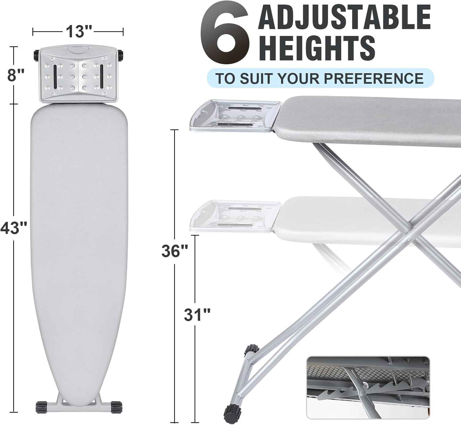 oleaf Ironing Board with Cover and Thicken Pad Height Adjustable Full Size Foldable Iron Board with Iron Rest, Stable Steel Legs, Metal Construction, Heat Resistant, Silver