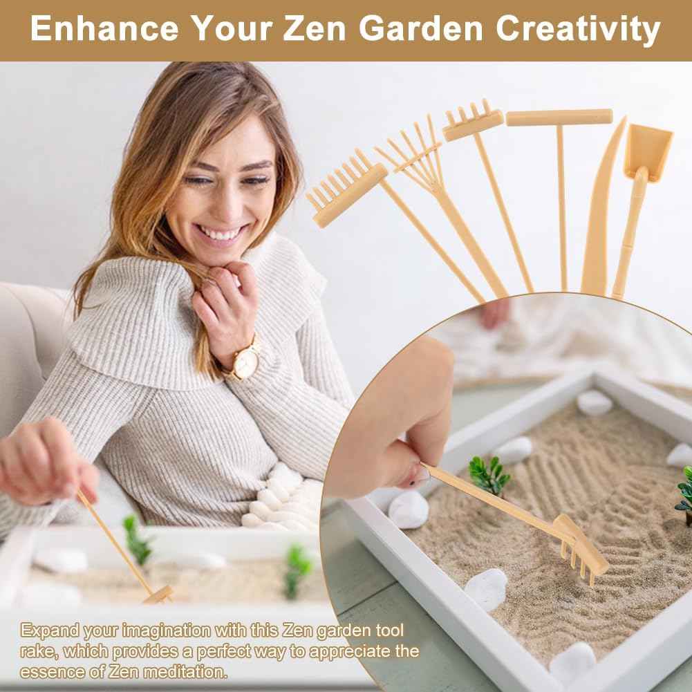 6 Pcs Mini Zen Garden Rake Tools, Miniature Tabletop Rock Zen Sand Rake Set with Pushing Drawing Pen 3 Small Rakes, Mini Sand Stamp Rakes, Meditation Rock Garden Accessories(Beige)
