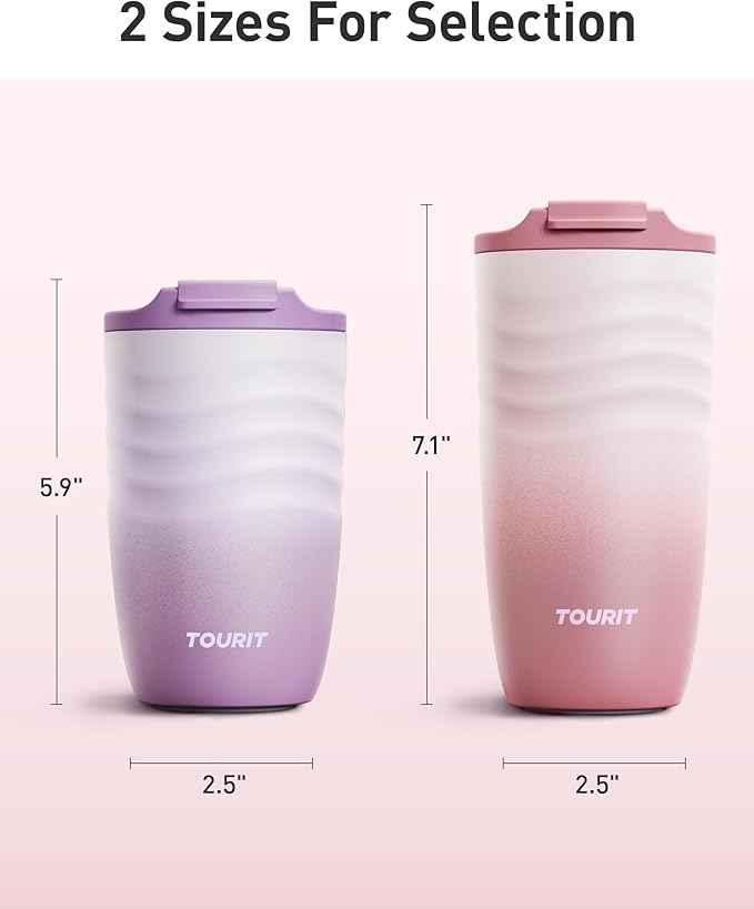 TOURIT 12 oz Travel Coffee Mug, Insulated Stainless Steel Travel Mug with Lid, Leak-Proof Double-Wall Vacuum Tumbler, Reusable Coffee Cup - Pink