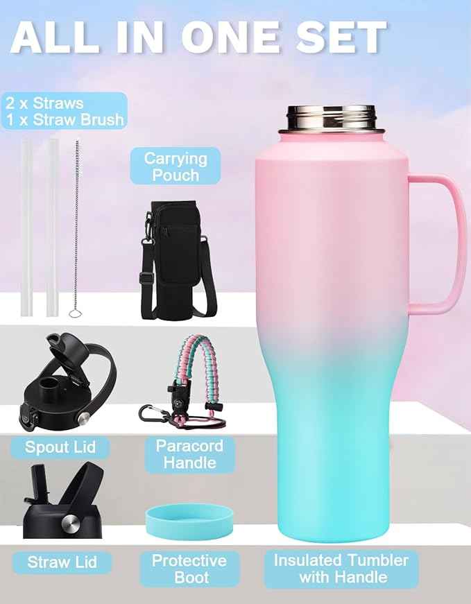40oz Water Bottle Stainless Steel Keep Cold-48H Hot-24H, Leak Proof Insulated Water Bottle with Straw, Spout Lid, Paracord Handle, Carrier Bag, Travel Mug Tumbler that Fit in any Car Cup Holder