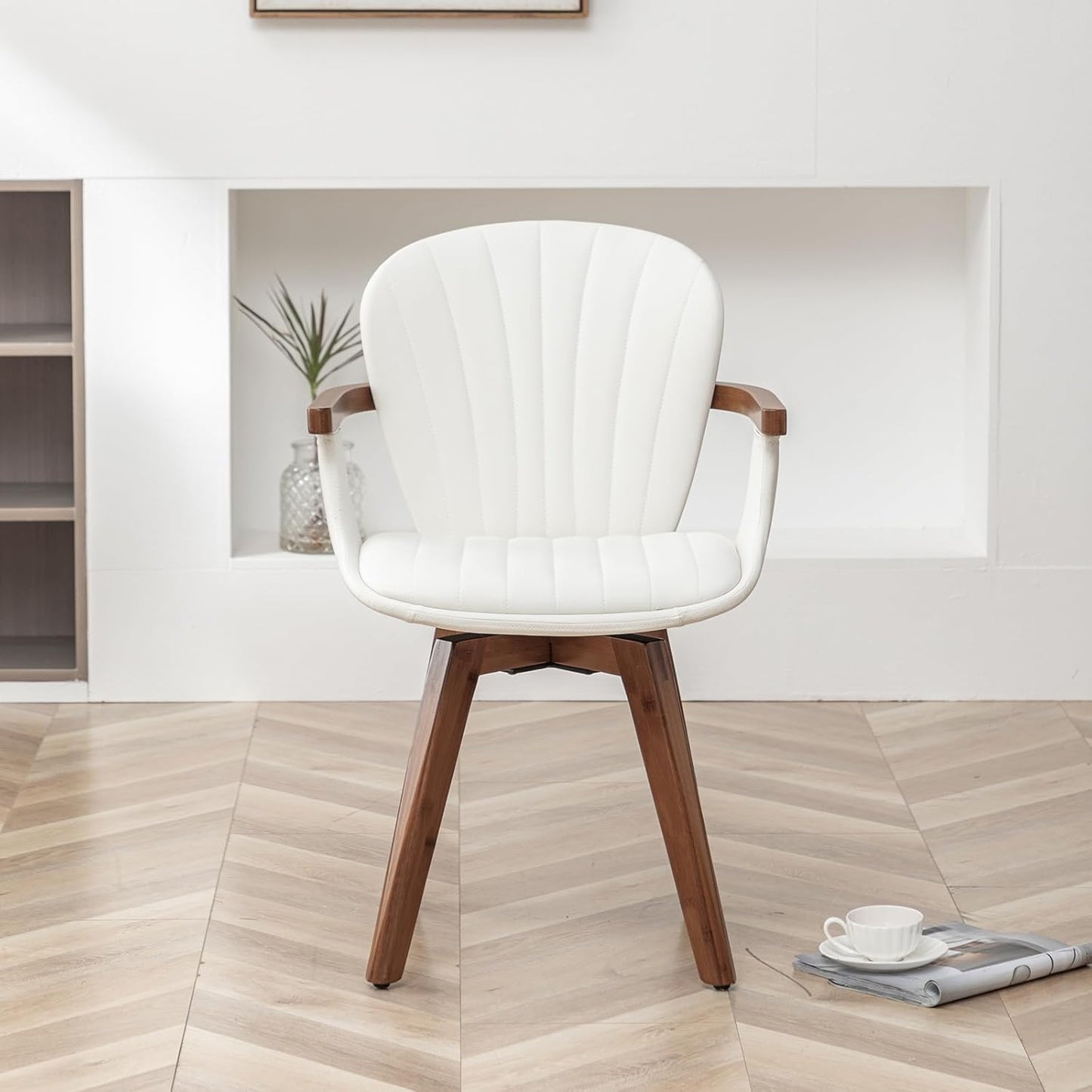 LUNLING Swivel Dining Chairs, Mid Century Modern White Faux Leather Kitchen Chairs with Arms,Bamboo Legs Side Chairs No Wheels,Accent Chair for Dining Rooms and Offices,1PCS