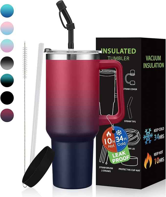 BENZZO Water Bottle, 40 oz Tumbler with Lid and Straw - Leakproof Travel Mug Thermal Cup 40oz, Insulated Tumblers Stainless Steel for Hot and Cold for 34H, Gifts for Women Man Mother Father Birthday