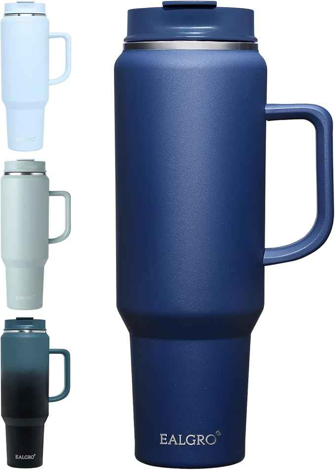 EALGRO 50 oz Tumbler with Handle, Insulated Tumblers with Lid and Straw, Large Metal Sports Water Bottle Jug, Thermal Stainless Steel Travel Coffee Mug Cup, Navy