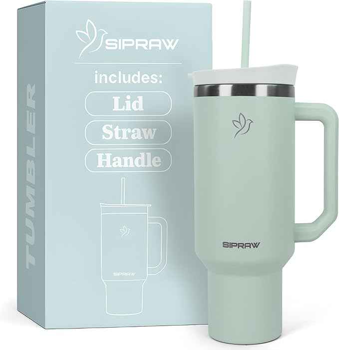 40oz Tumbler with Handle and Straw Insulated Stainless Steel Travel Mug Vacuum Double Wall Coffee Cup Leak Resistant Lid BPA-Free Cup Holder Friendly for Hot & Cold Drinks, Pastel Green