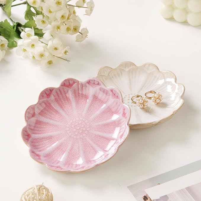 Lotus Ring Holder Dish Small Indoor Ash Tray, Ceramic Dessert Plate Trinket Jewelry Holder Organizing Necklace Earrings for Parents Friends Sister, Pink. All Jewelries Are NOT Included.