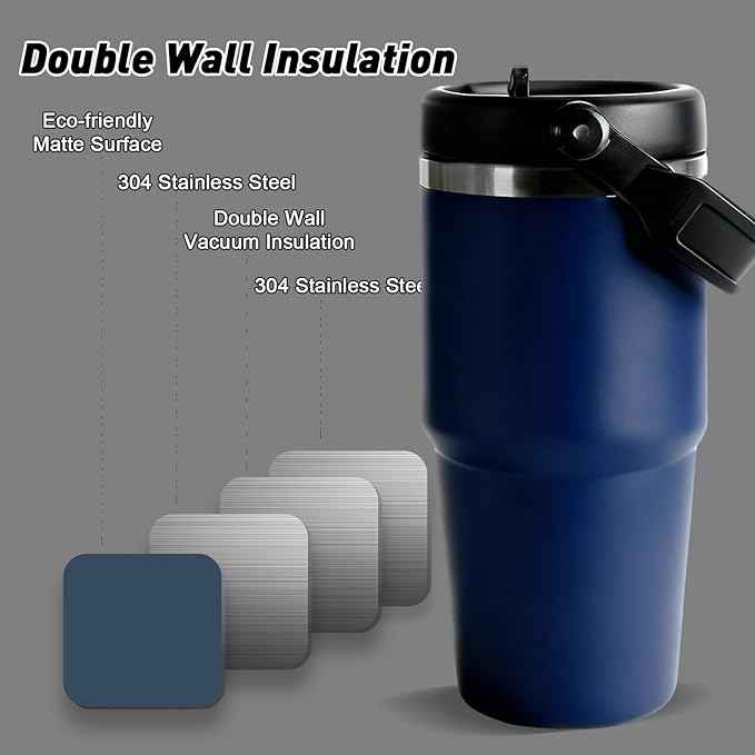20 oz Tumbler with Handle, Insulated Tumbler with Lid and Flip Straw Leak Proof Double Wall Stainless Steel Vacuum Travel Coffee Mug Insulated Water Bottle Thermal Cup, Cupholder Friendly, Navy