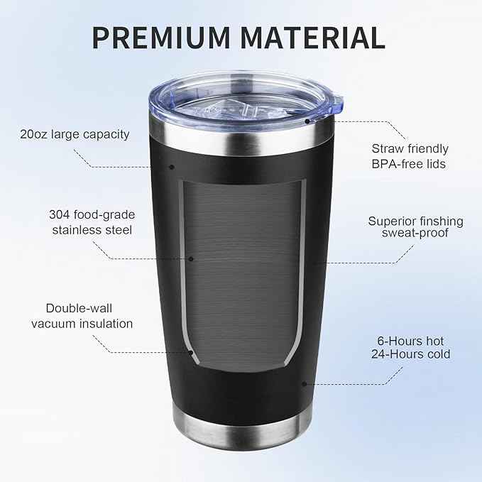 20oz Tumbler with Lid and Straw Double Wall Powder Coated Vacuum Insulated Coffee Tumbler Stainless Steel Insulated Travel Coffee Mug Spill-Proof Thermal Cup for Hot and Cold Beverage,Black