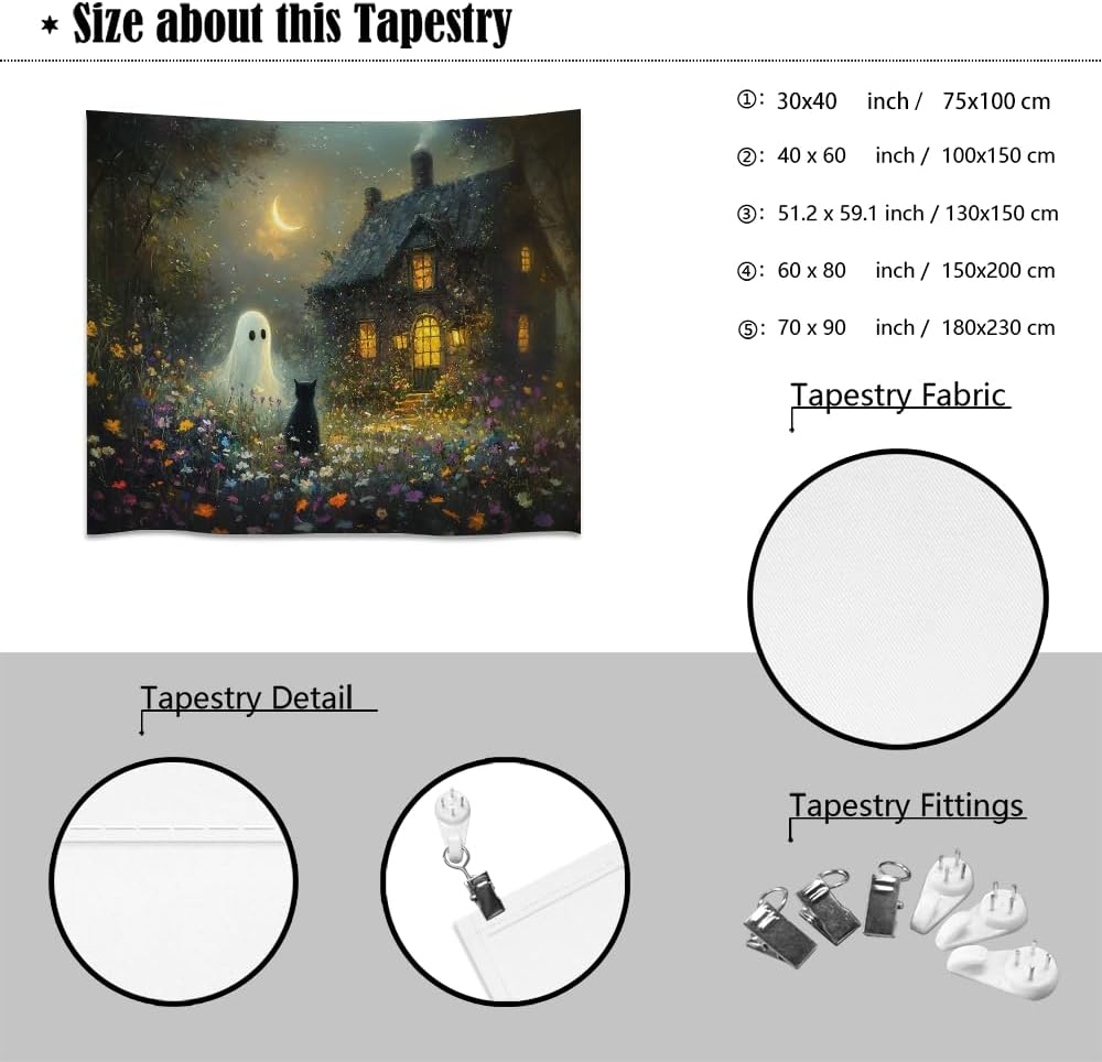 Halloween Black Cat and Ghost Tapestry Wall Hanging for Spooky Cute Bedroom Decor Dark Academia Moon Wildflower Cottage Tapestries Aesthetic for Home Living Room Decoration 30x40inch