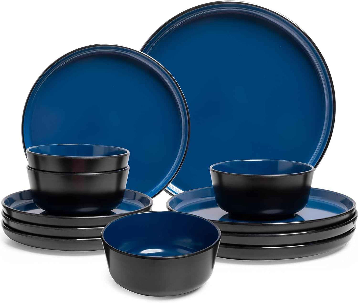 Melamine Dinnerware Sets, 12 Pcs Unbreakable Plates and Bowls Set, Outdoor Dinnerware RV and Camper Dishes Sets for 4, Kitchen Dishes Set for Entertaining, Black and Blue