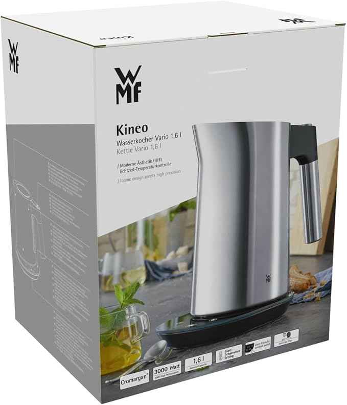 WMF Kineo Wasserkocher mit Temperatureinstellung 1,6l, Kalkfilter, 3000 W, Live-Temperaturanzeige, elektrischer Wasserkocher edelstahl matt