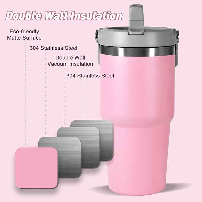 20 oz Tumbler with Handle, Insulated Tumbler with Lid and Flip Straw Leak Proof Double Wall Stainless Steel Vacuum Travel Coffee Mug Insulated Water Bottle Thermal Cup, Cupholder Friendly, Pink