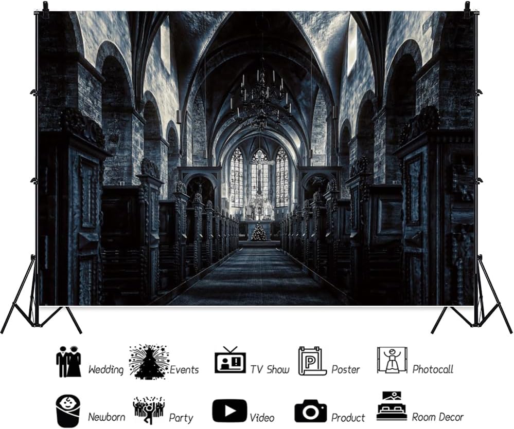 ChloropLastid 10x6.5ft Scary Church Halloween Backdrop Dark Black Horror Gothic Medieval Castle Interior Photography Background Halloween Night Carnival Theme Party Decor Banner Photo Studio Props