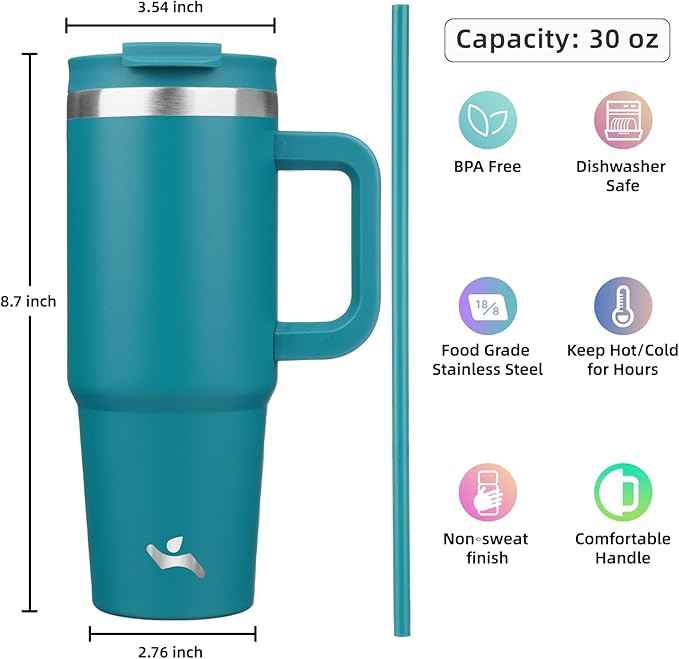 Konokyo 30 oz Tumbler with Handle and 2 Straws,2 in 1 Lid Insulated Water Bottle Stainless Steel Travel Coffee Mug,Blue
