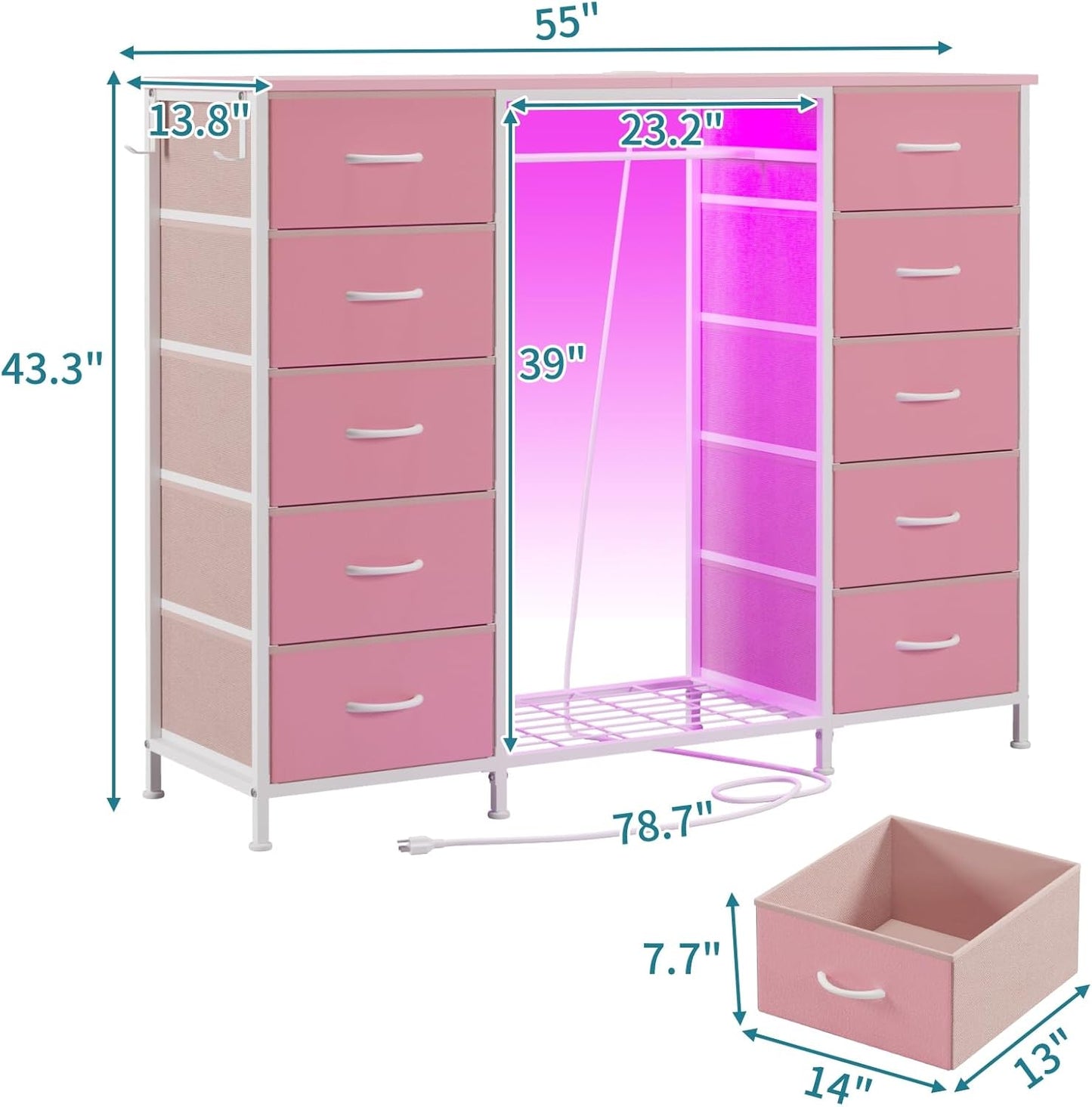 LUMTOK 2-in-1 Dresser with Hanging Rack, 10 Drawers Dresser for Bedroom,Dressers with Fabric Drawers,LED Lights, Charging Station and Hanging Racks for Bedroom (Pink)